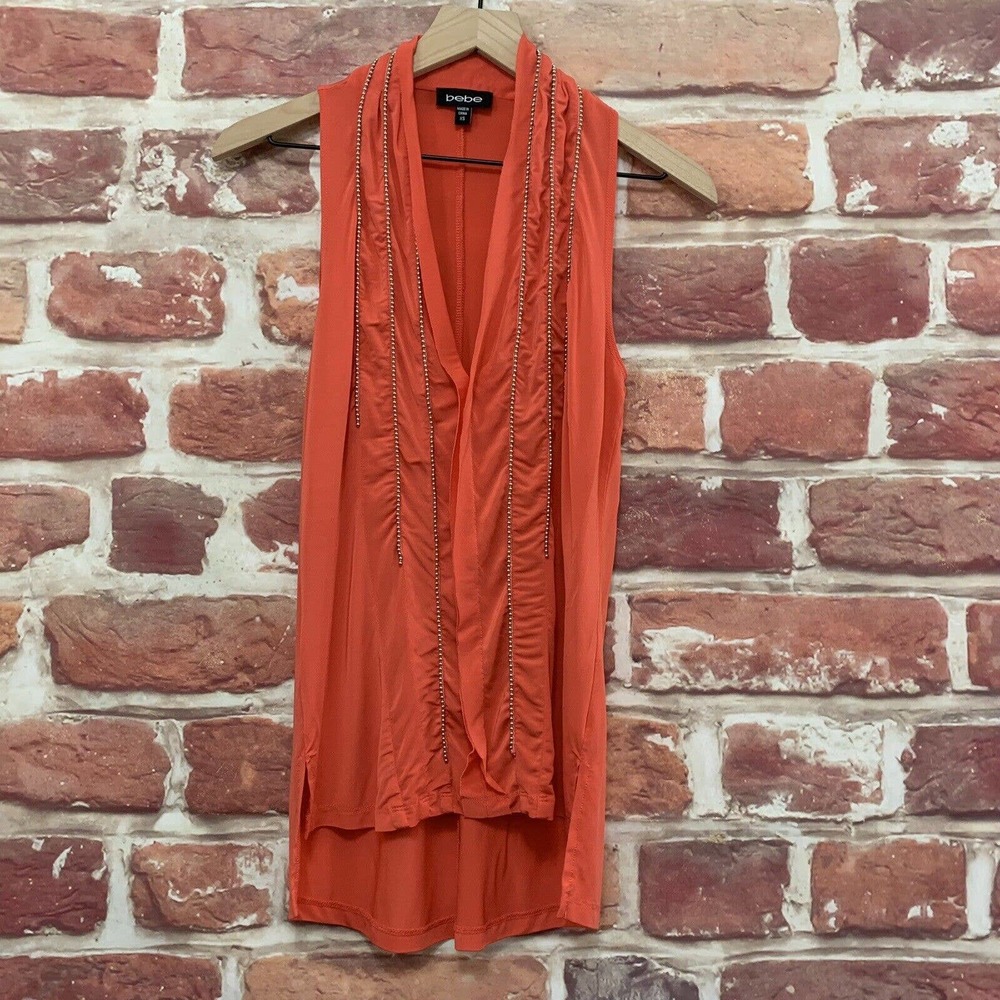Bebe Top Women's XS Coral Pink Orange Beaded Accent High Low Tunic Blouse
